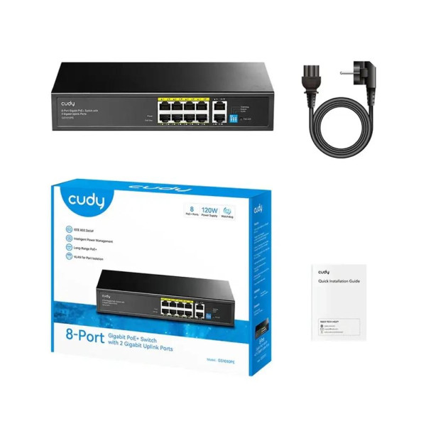 PoE-коммутатор 10-портовый неуправляемый Cudy GS1010PE 8 портов PoE+ гигабитный 120W