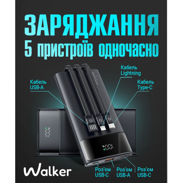 Повербанк (УМБ) зовнішній акумулятор WALKER WB-615 10000mAh Чорний (Black)