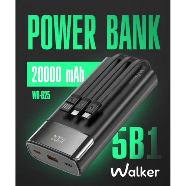 Повербанк (УМБ) зовнішній акумулятор WALKER WB-625 20000mAh Чорний (Black)