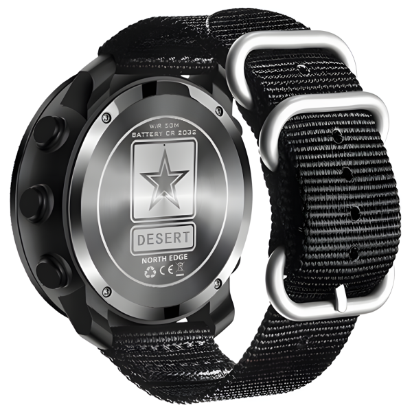 Чоловічий водостійкий тактичний годинник North Edge Desert Nylon Power 5BAR з компасом Чорний (Black)