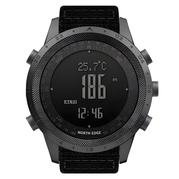 Чоловічий водостійкий тактичний годинник North Edge Desert Nylon Power 5BAR з компасом Чорний (Black)