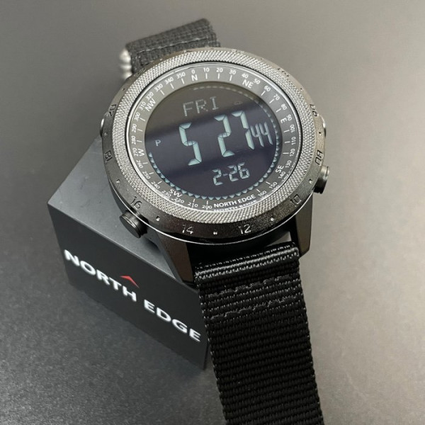 Чоловічий водостійкий тактичний годинник North Edge Desert Nylon Power 5BAR з компасом Чорний (Black)