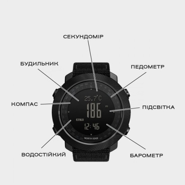 Чоловічий водостійкий тактичний годинник North Edge Apache 5BAR з компасом Чорний (Black)