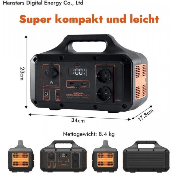 Зарядна станція портативна Hanstars 1000 Вт/230 В Чорний (Black/Orange)